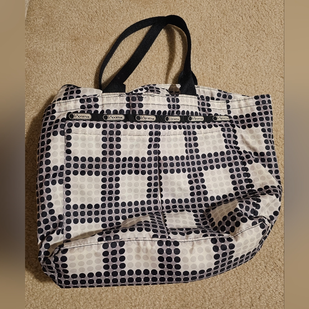 Lesportsac Tote Geometric Cube Black White Everyday Beach Gym Bag USA Made Vtg